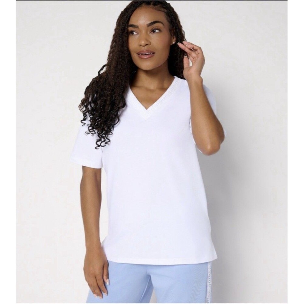 Cuddl Duds Cottonwear+ V-Neck Crochet Trim Tee White Sz 1X
